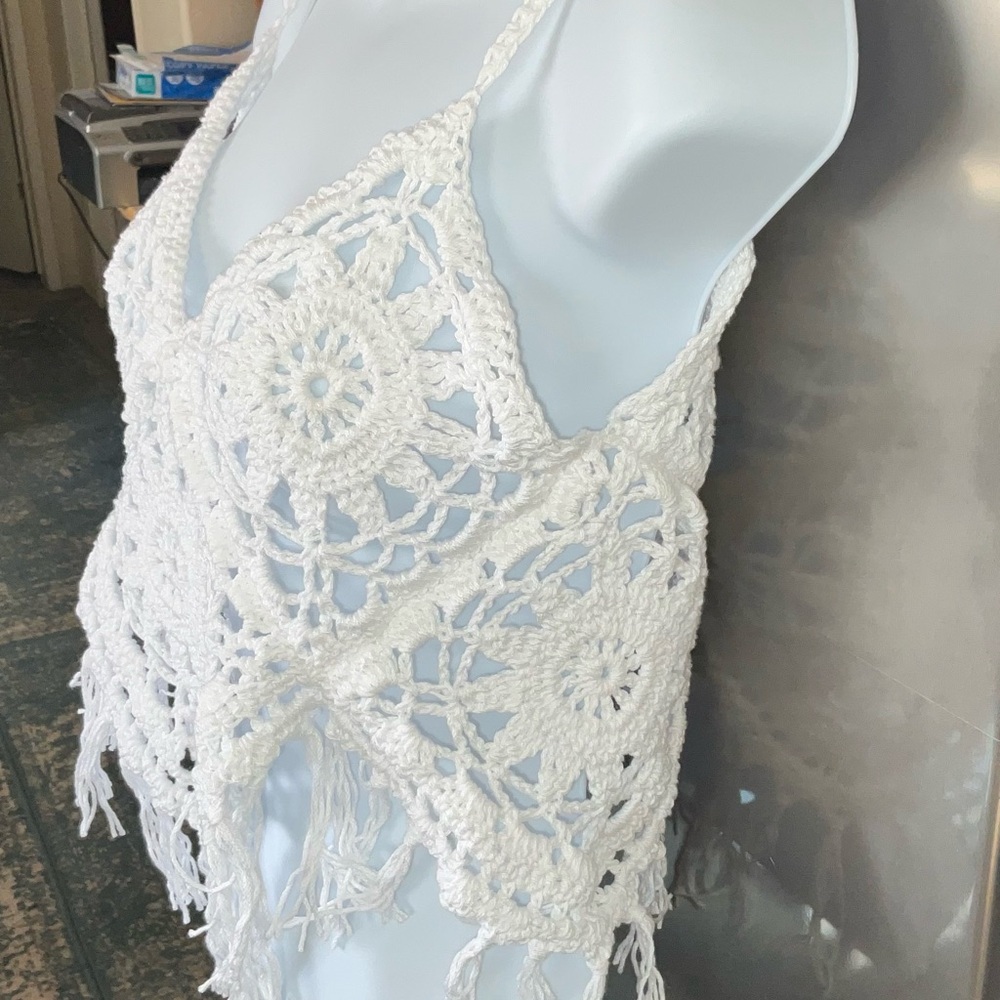Handmade Crochet Halter crop top Small White Bohemian Cover up with fringe - Picture 4 of 7